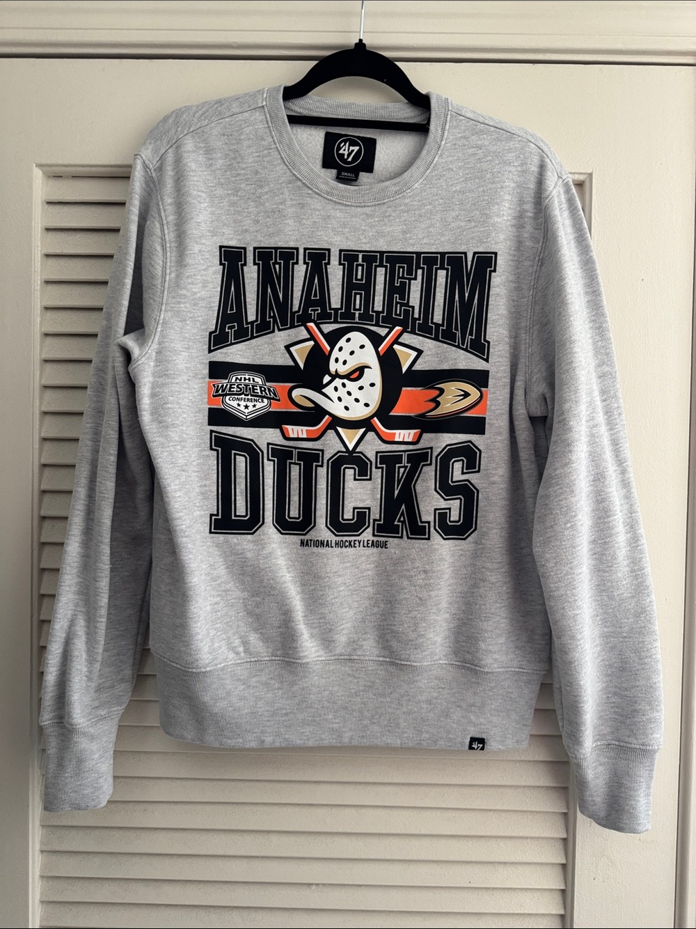 47 Anaheim Ducks Light Gray Crewneck Sweatshirt with Orange & Black Logo